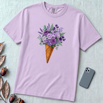 Floral Ice Cream Cone T-Shirt - Orchid unfolded t-shirt mockup