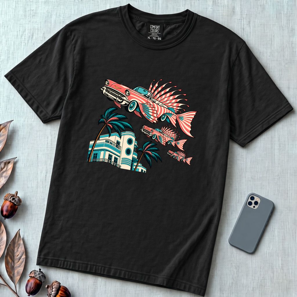 Flying Fish Cars Retro Miami T-Shirt - Black unfolded t-shirt mockup