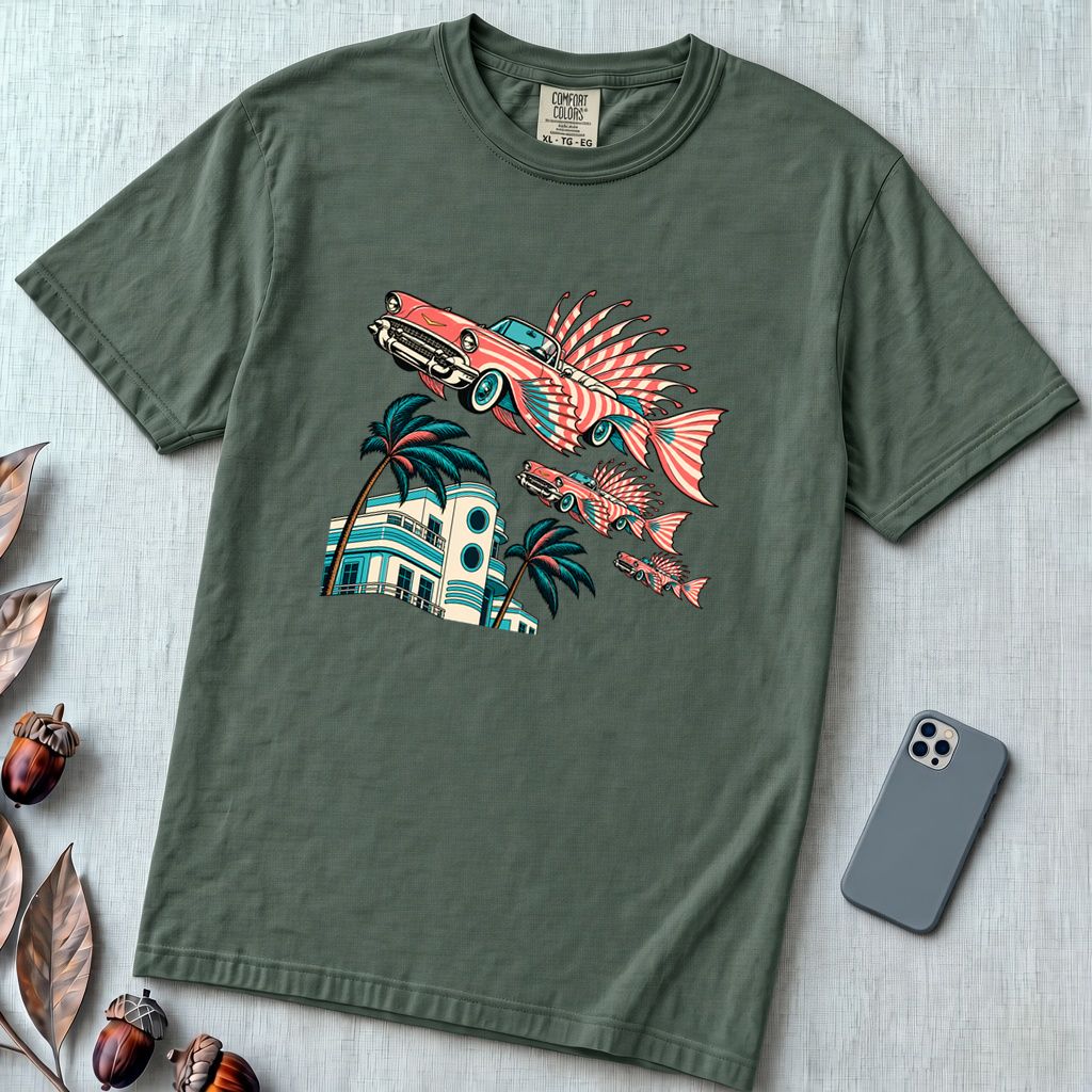 Flying Fish Cars Retro Miami T-Shirt - Blue Spruce unfolded t-shirt mockup