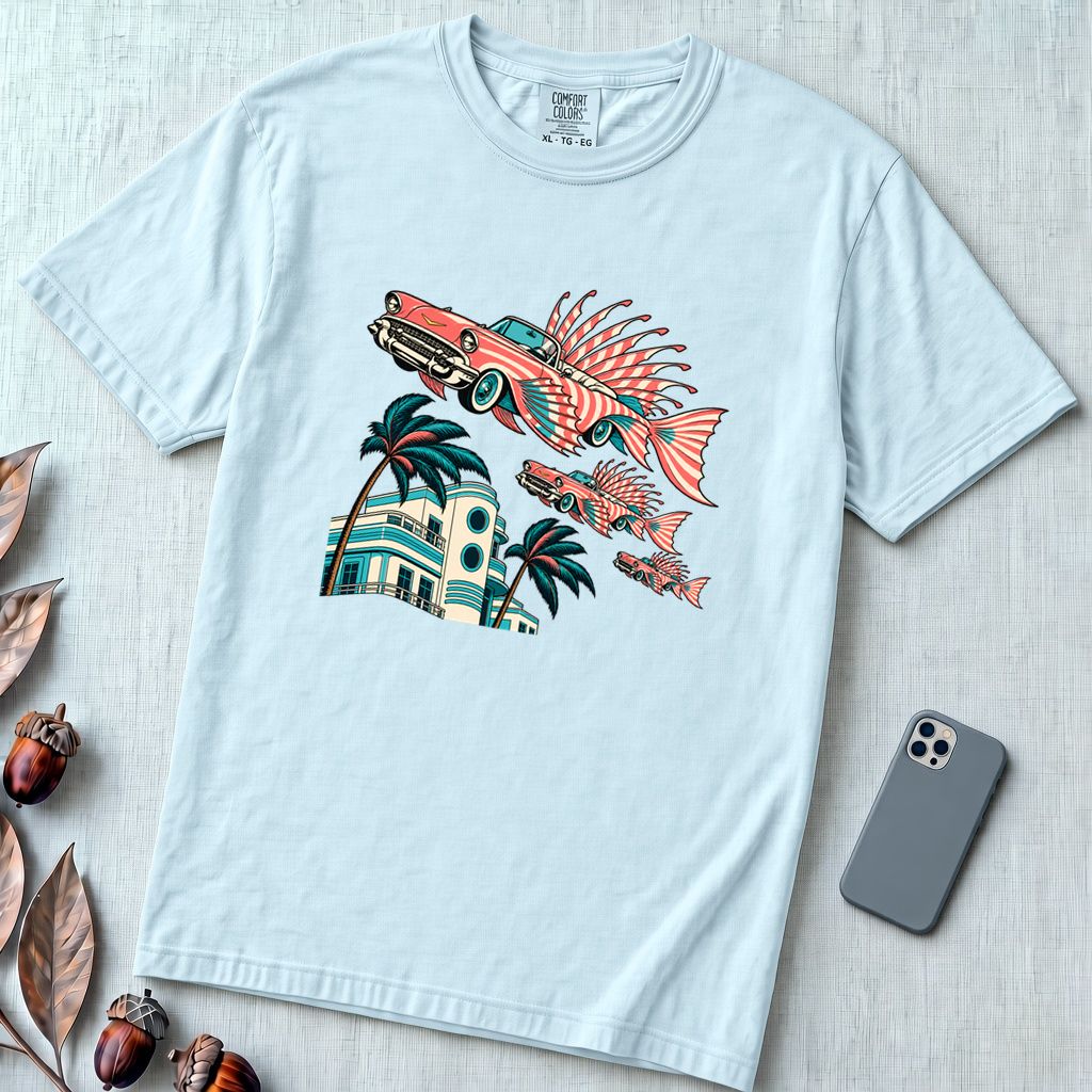 Flying Fish Cars Retro Miami T-Shirt - Chambray unfolded t-shirt mockup