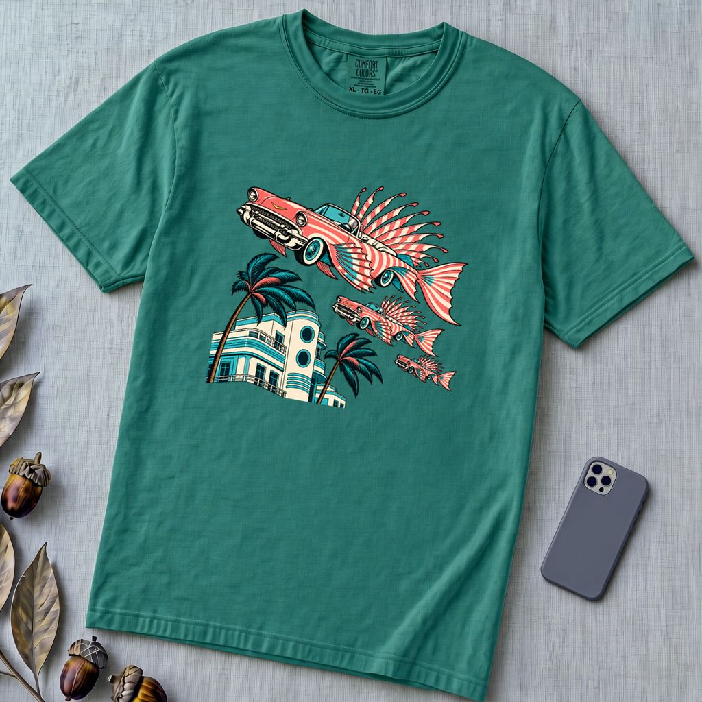 Flying Fish Cars Retro Miami T-Shirt - Emerald unfolded t-shirt mockup