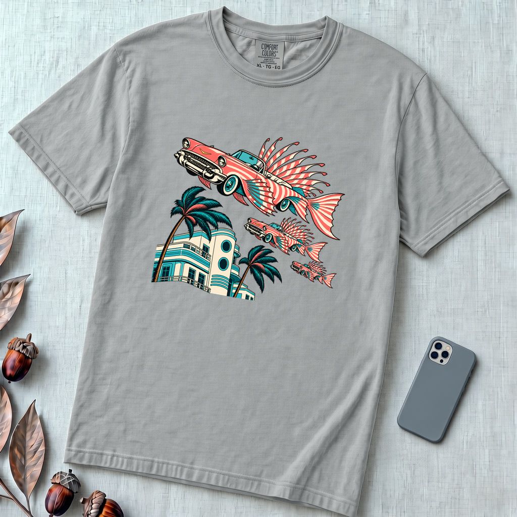 Flying Fish Cars Retro Miami T-Shirt - Granite unfolded t-shirt mockup