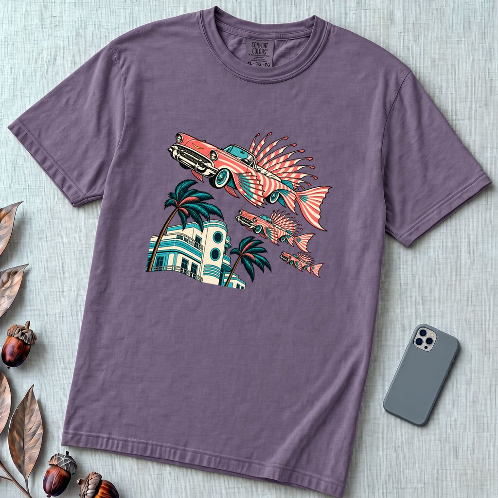 Flying Fish Cars Retro Miami T-Shirt - Grape unfolded t-shirt mockup