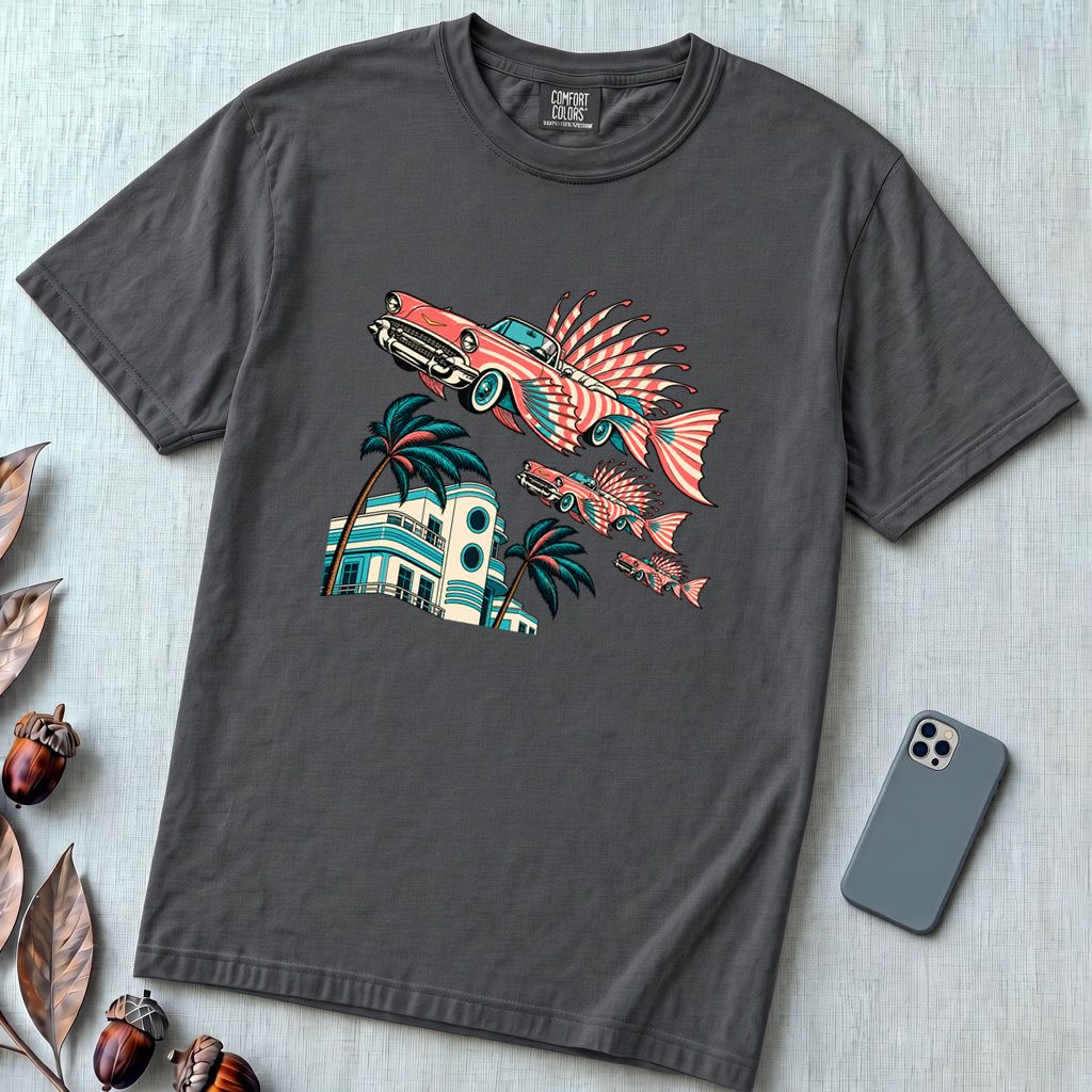 Flying Fish Cars Retro Miami T-Shirt - Graphite unfolded t-shirt mockup