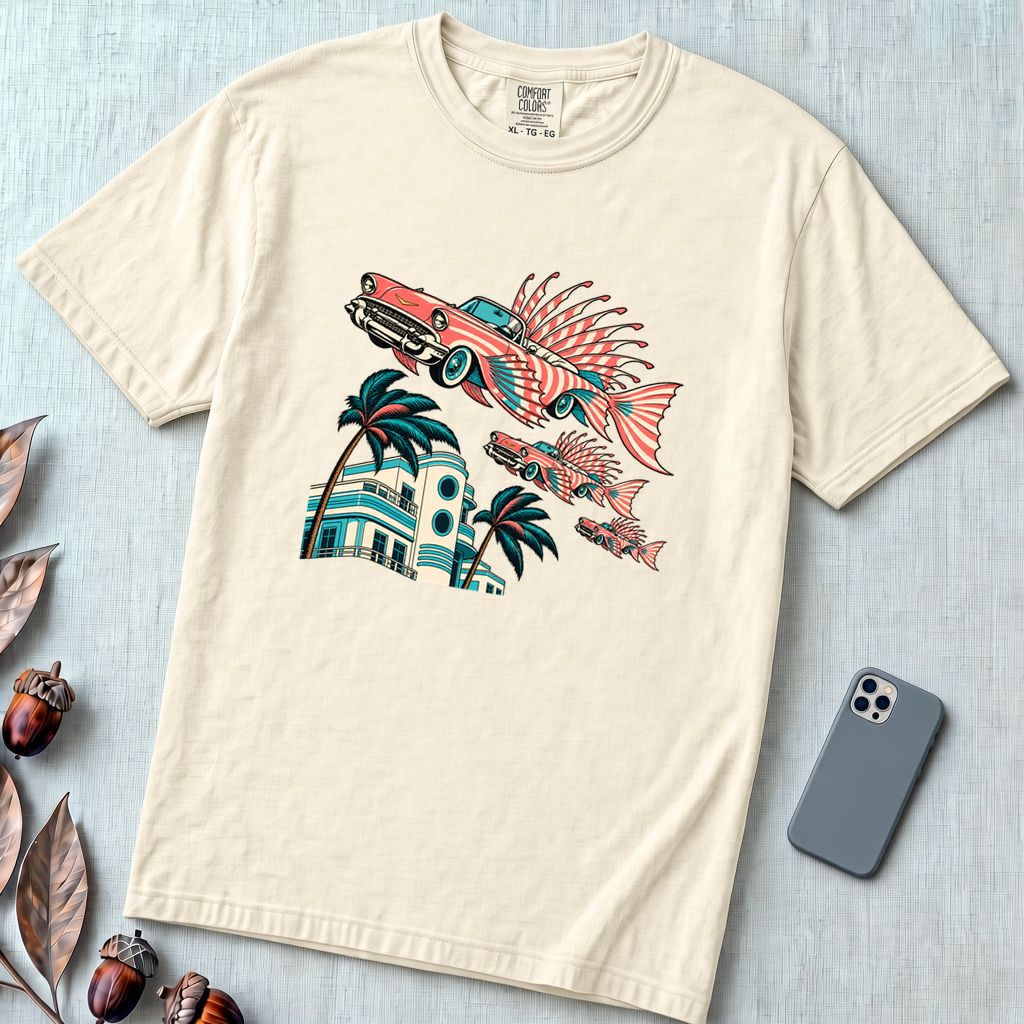 Flying Fish Cars Retro Miami T-Shirt - Ivory unfolded t-shirt mockup