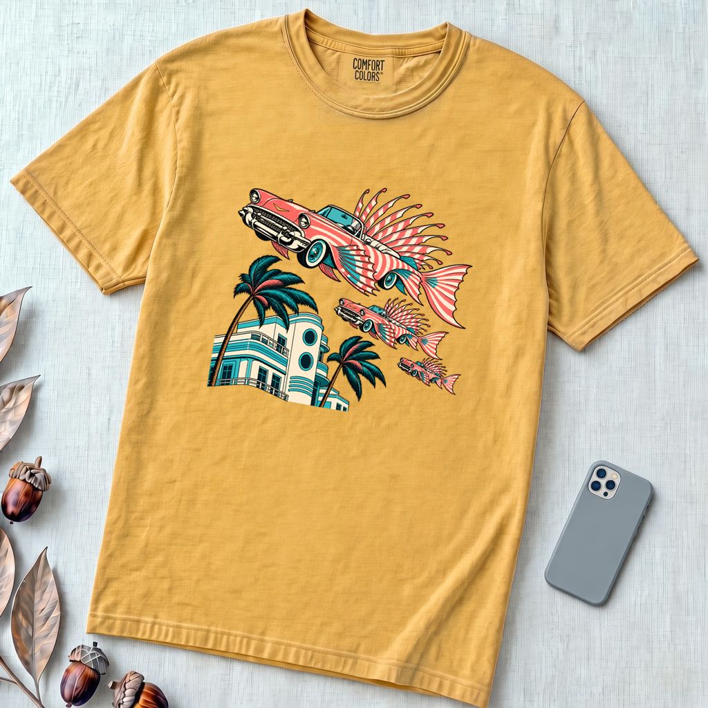 Flying Fish Cars Retro Miami T-Shirt - Mustard unfolded t-shirt mockup