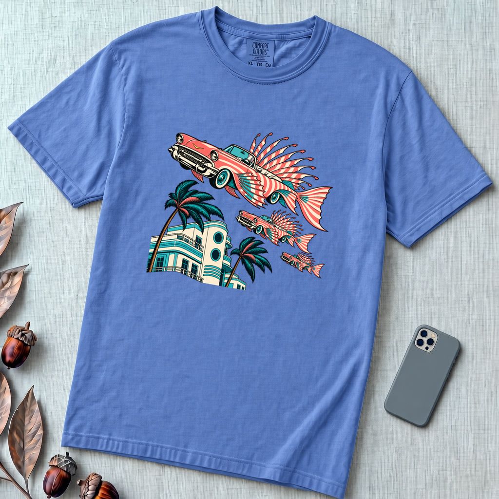 Flying Fish Cars Retro Miami T-Shirt - Mystic Blue unfolded t-shirt mockup
