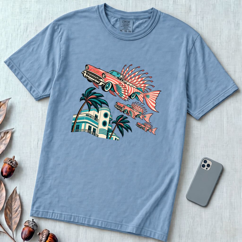 Flying Fish Cars Retro Miami T-Shirt - Washed Denim unfolded t-shirt mockup