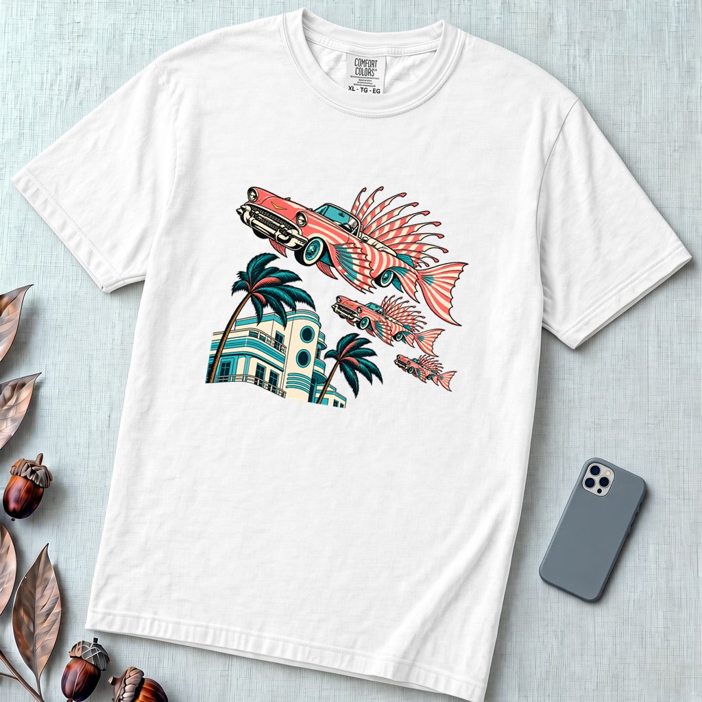 Flying Fish Cars Retro Miami T-Shirt - White unfolded t-shirt mockup