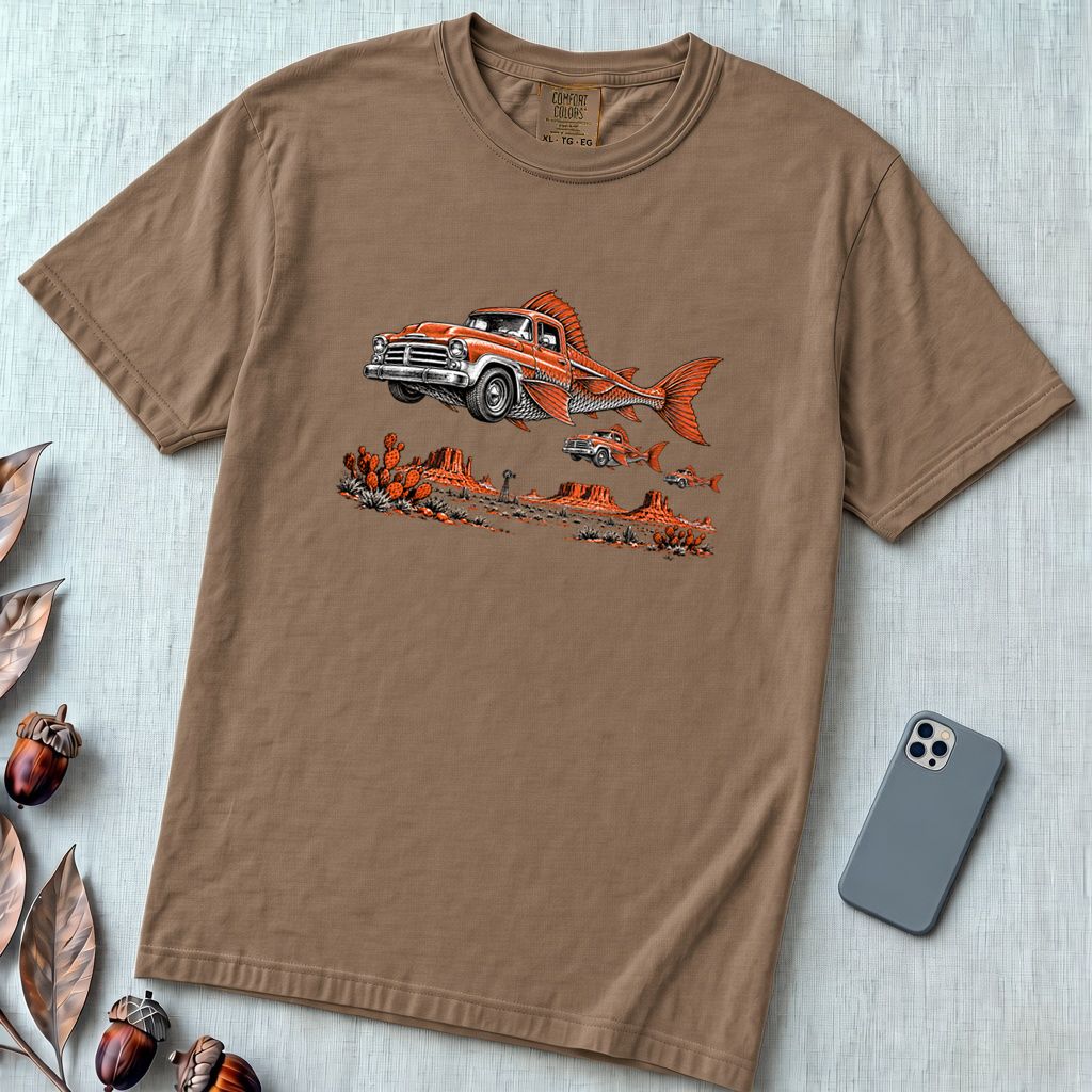 Flying Fish Cars Surreal Texas Desert T-Shirt - Espresso unfolded t-shirt mockup