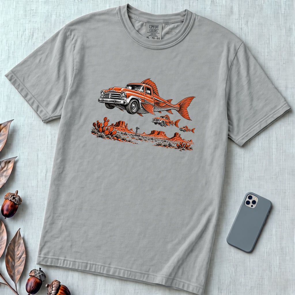 Flying Fish Cars Surreal Texas Desert T-Shirt - Granite unfolded t-shirt mockup