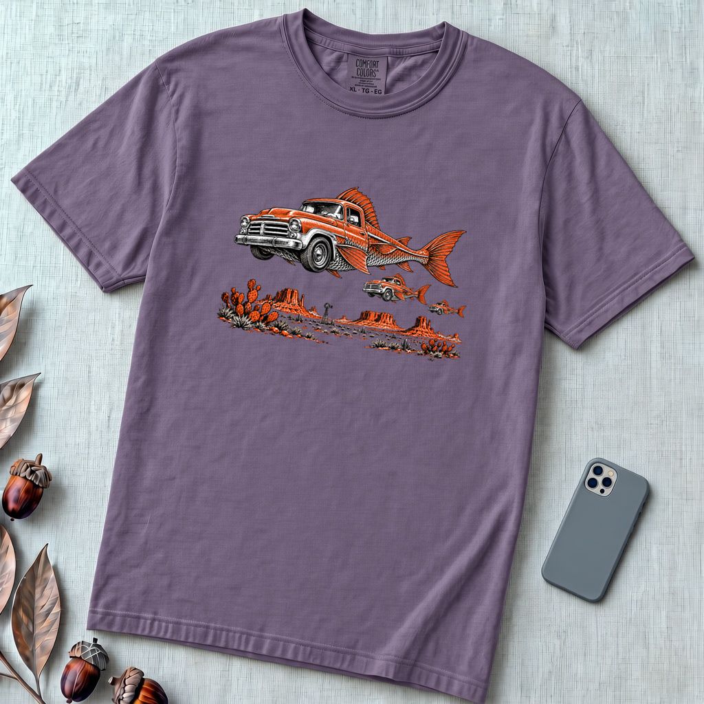 Flying Fish Cars Surreal Texas Desert T-Shirt - Grape unfolded t-shirt mockup