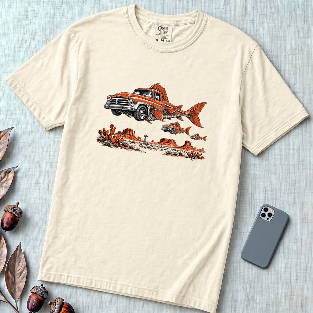 Flying Fish Cars Surreal Texas Desert T-Shirt - Ivory unfolded t-shirt mockup