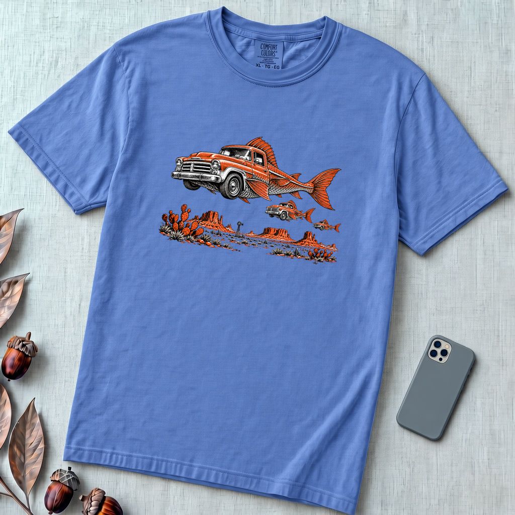 Flying Fish Cars Surreal Texas Desert T-Shirt - Mystic Blue unfolded t-shirt mockup