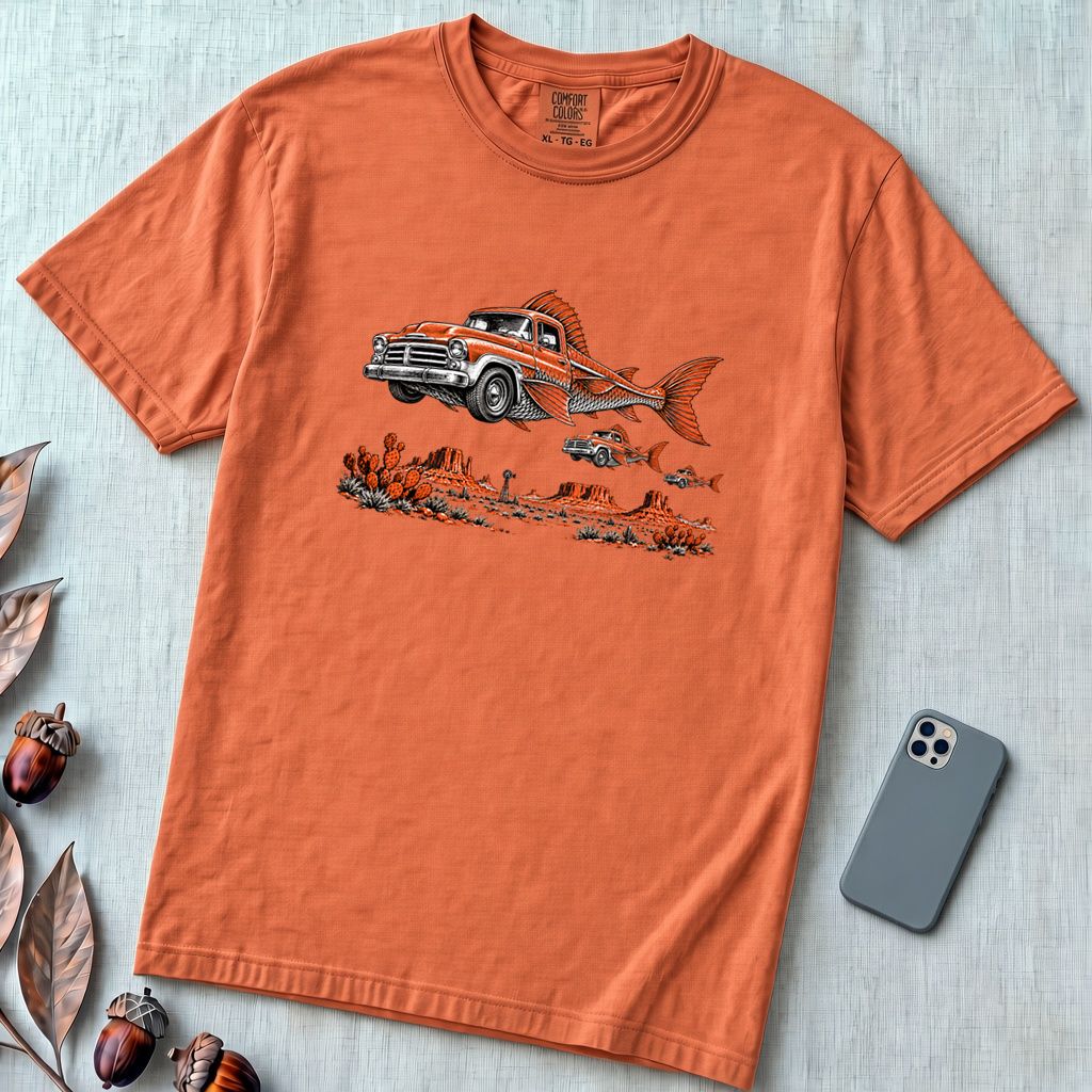 Flying Fish Cars Surreal Texas Desert T-Shirt - Terracotta unfolded t-shirt mockup