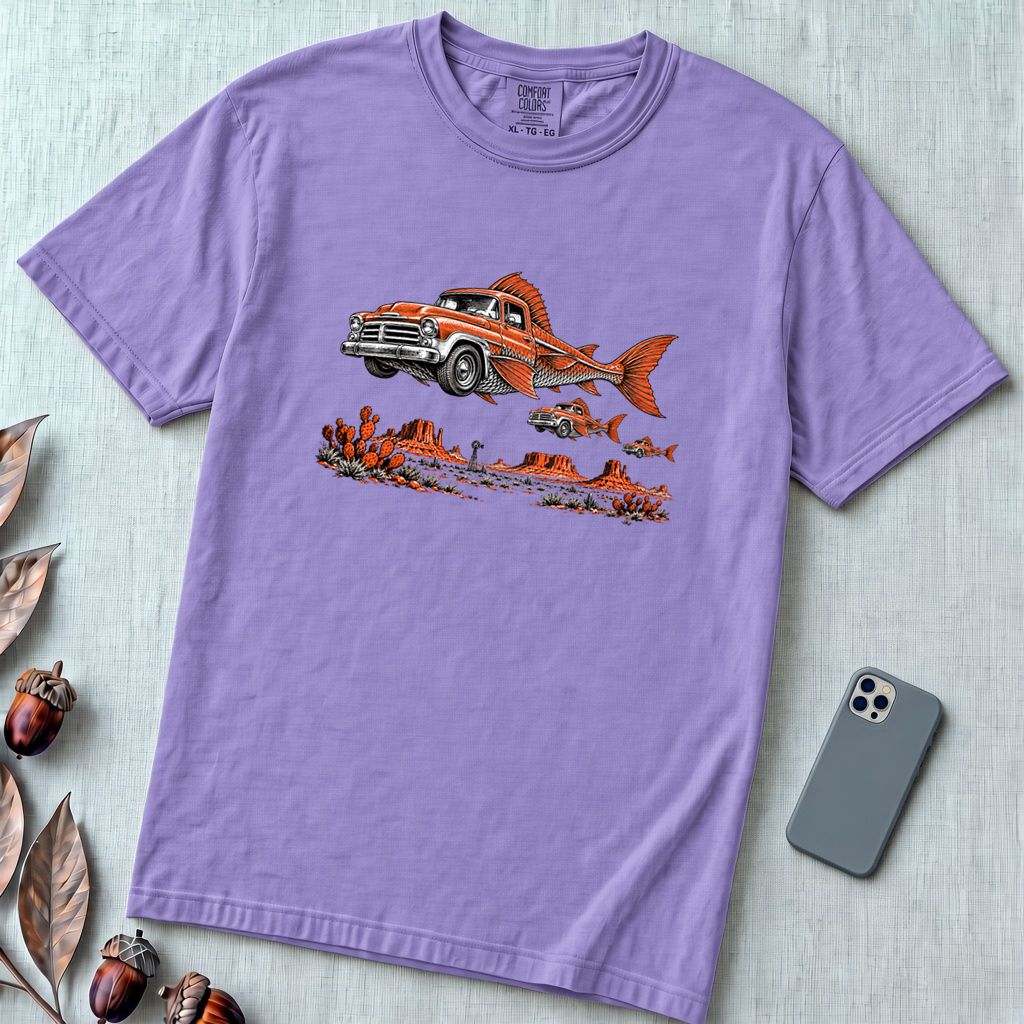 Flying Fish Cars Surreal Texas Desert T-Shirt - Violet unfolded t-shirt mockup
