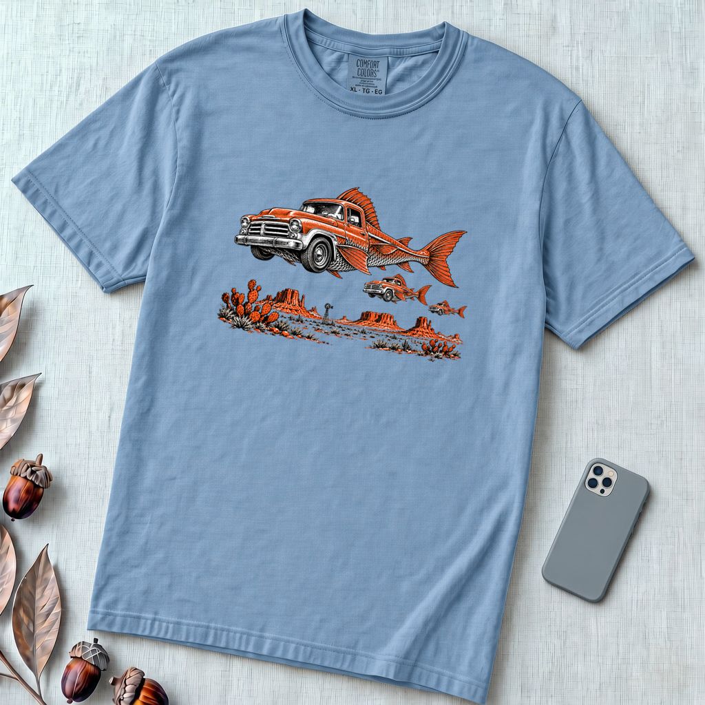 Flying Fish Cars Surreal Texas Desert T-Shirt - Washed Denim unfolded t-shirt mockup