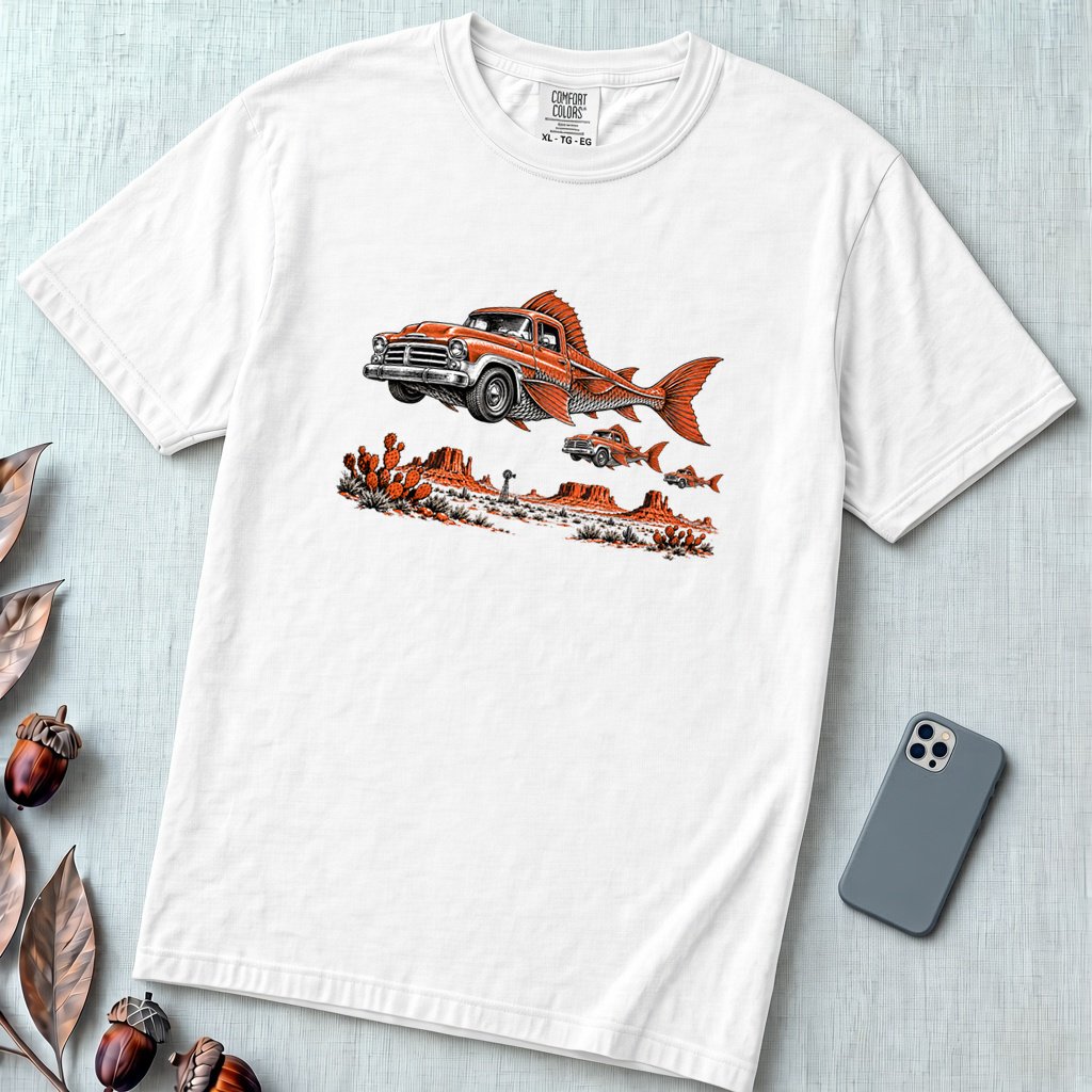 Flying Fish Cars Surreal Texas Desert T-Shirt - White unfolded t-shirt mockup