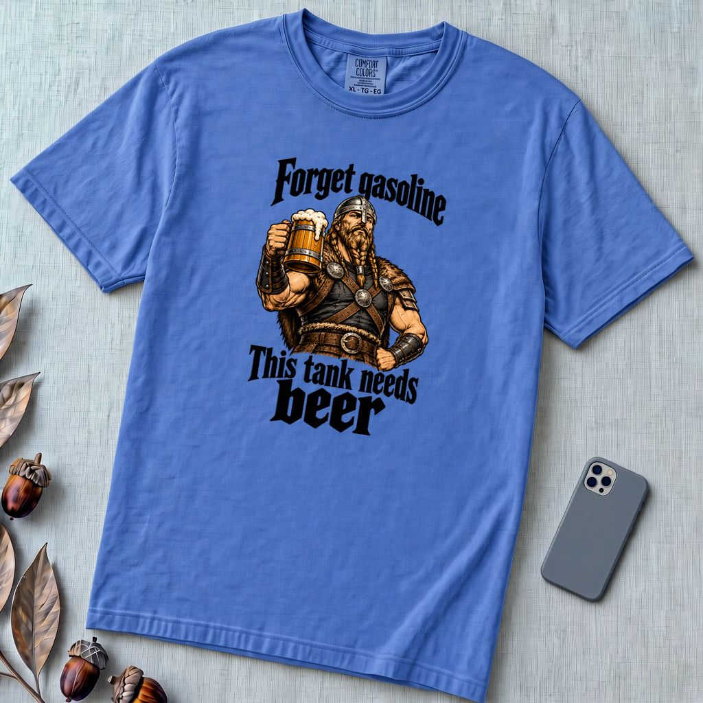Forget Gasoline Viking Beer T-Shirt - Flo Blue unfolded t-shirt mockup