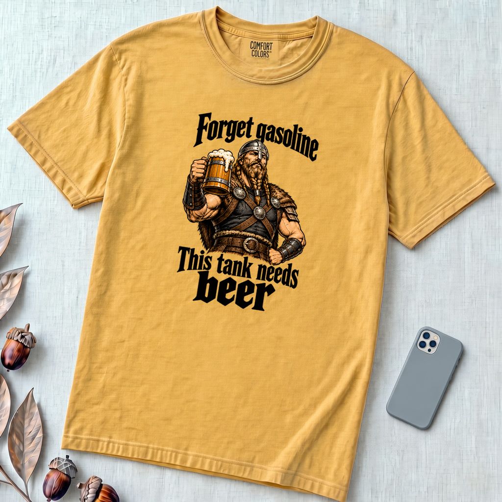 Forget Gasoline Viking Beer T-Shirt - Mustard unfolded t-shirt mockup