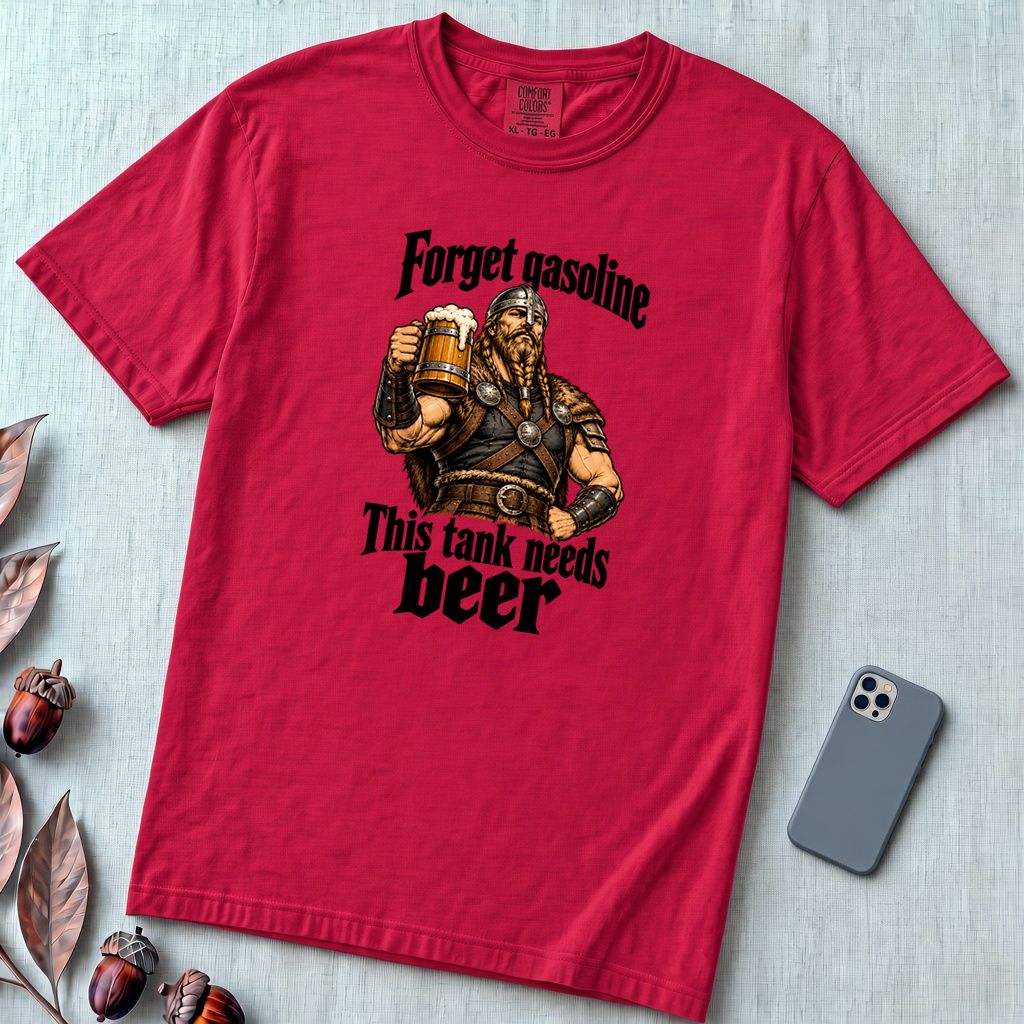 Forget Gasoline Viking Beer T-Shirt - Red unfolded t-shirt mockup