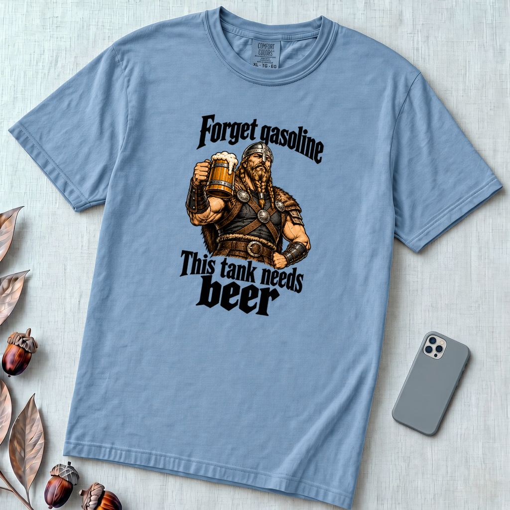 Forget Gasoline Viking Beer T-Shirt - Washed Denim unfolded t-shirt mockup