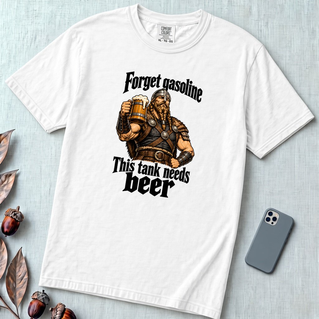 Forget Gasoline Viking Beer T-Shirt - White unfolded t-shirt mockup
