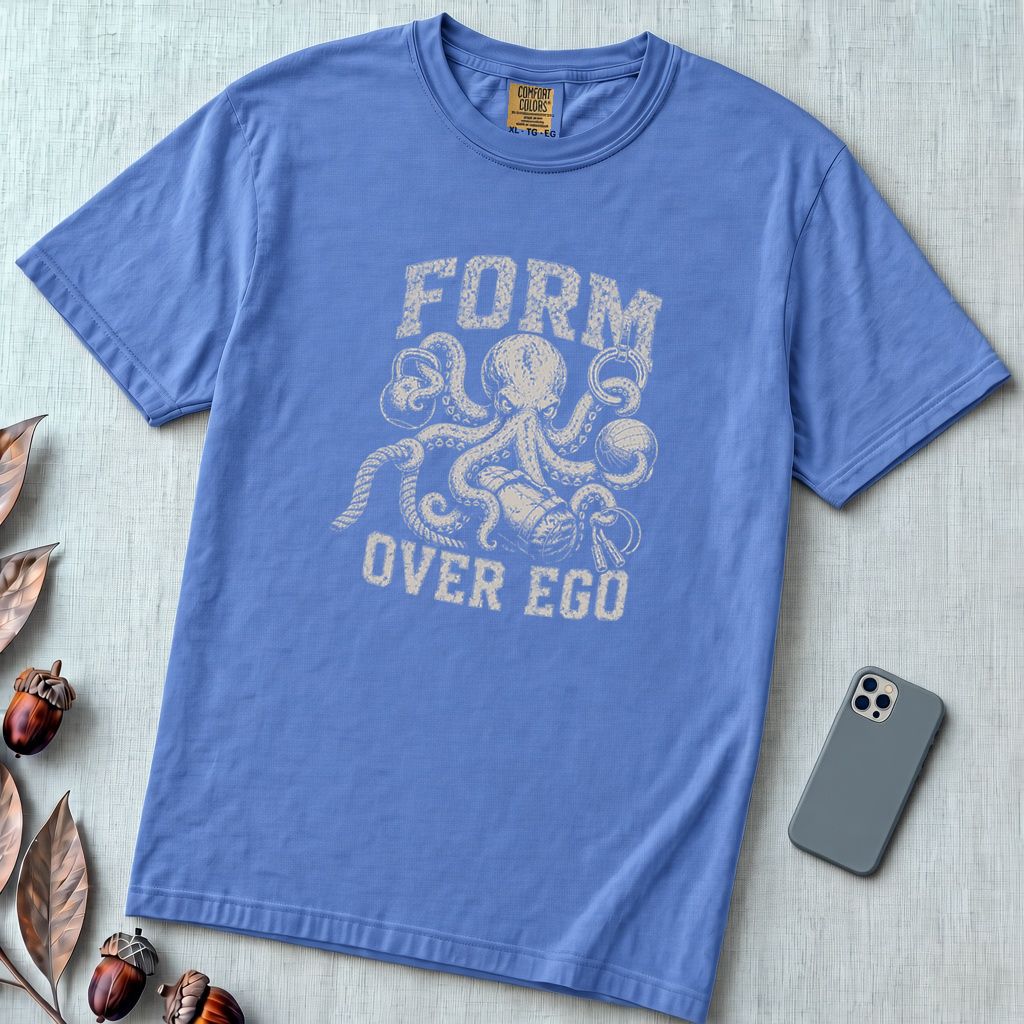 Form Over Ego Octopus T-Shirt - Mystic Blue unfolded t-shirt mockup