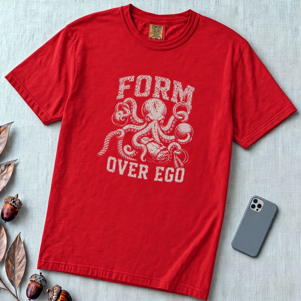 Form Over Ego Octopus T-Shirt - Red unfolded t-shirt mockup