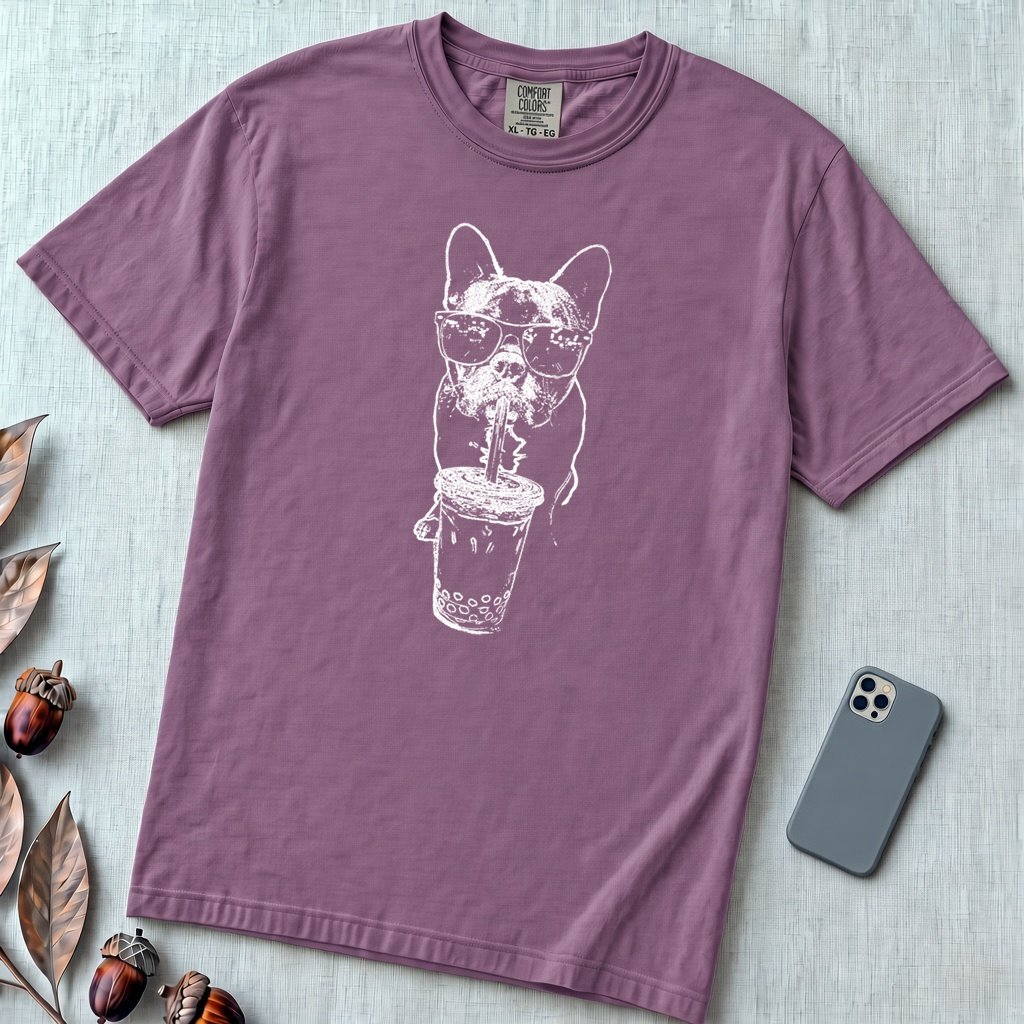 French Bulldog Bubble Tea T-Shirt. Cool Frenchie Graphic Tee - Berry unfolded t-shirt mockup