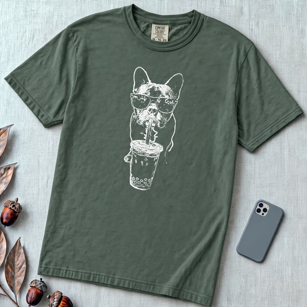 French Bulldog Bubble Tea T-Shirt. Cool Frenchie Graphic Tee - Blue Spruce unfolded t-shirt mockup