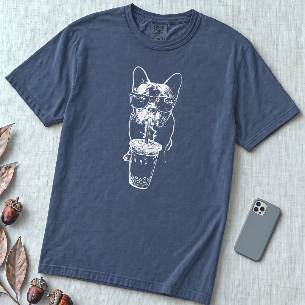 French Bulldog Bubble Tea T-Shirt. Cool Frenchie Graphic Tee - Denim unfolded t-shirt mockup
