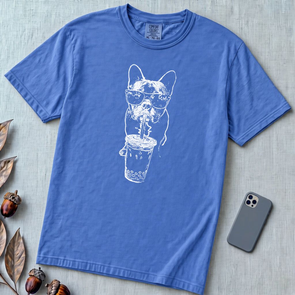 French Bulldog Bubble Tea T-Shirt. Cool Frenchie Graphic Tee - Flo Blue unfolded t-shirt mockup