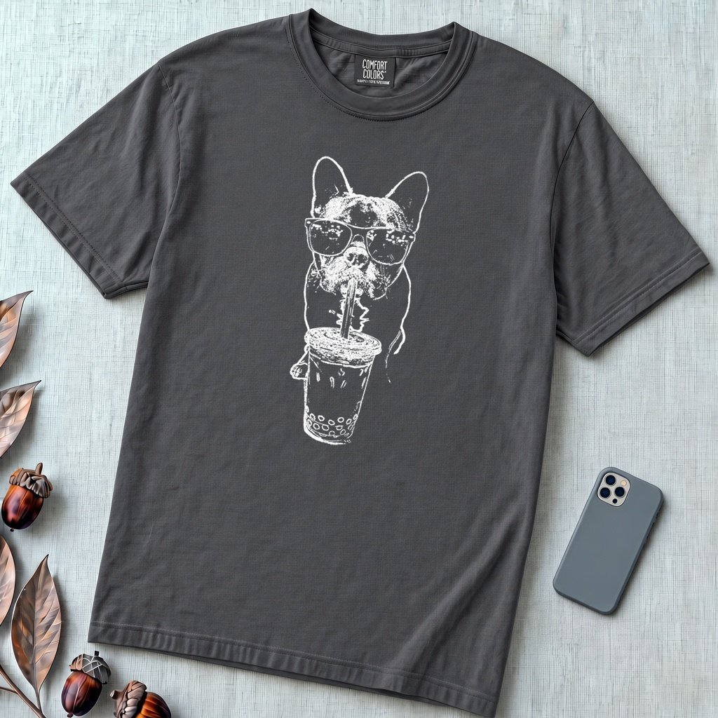French Bulldog Bubble Tea T-Shirt. Cool Frenchie Graphic Tee - Graphite unfolded t-shirt mockup