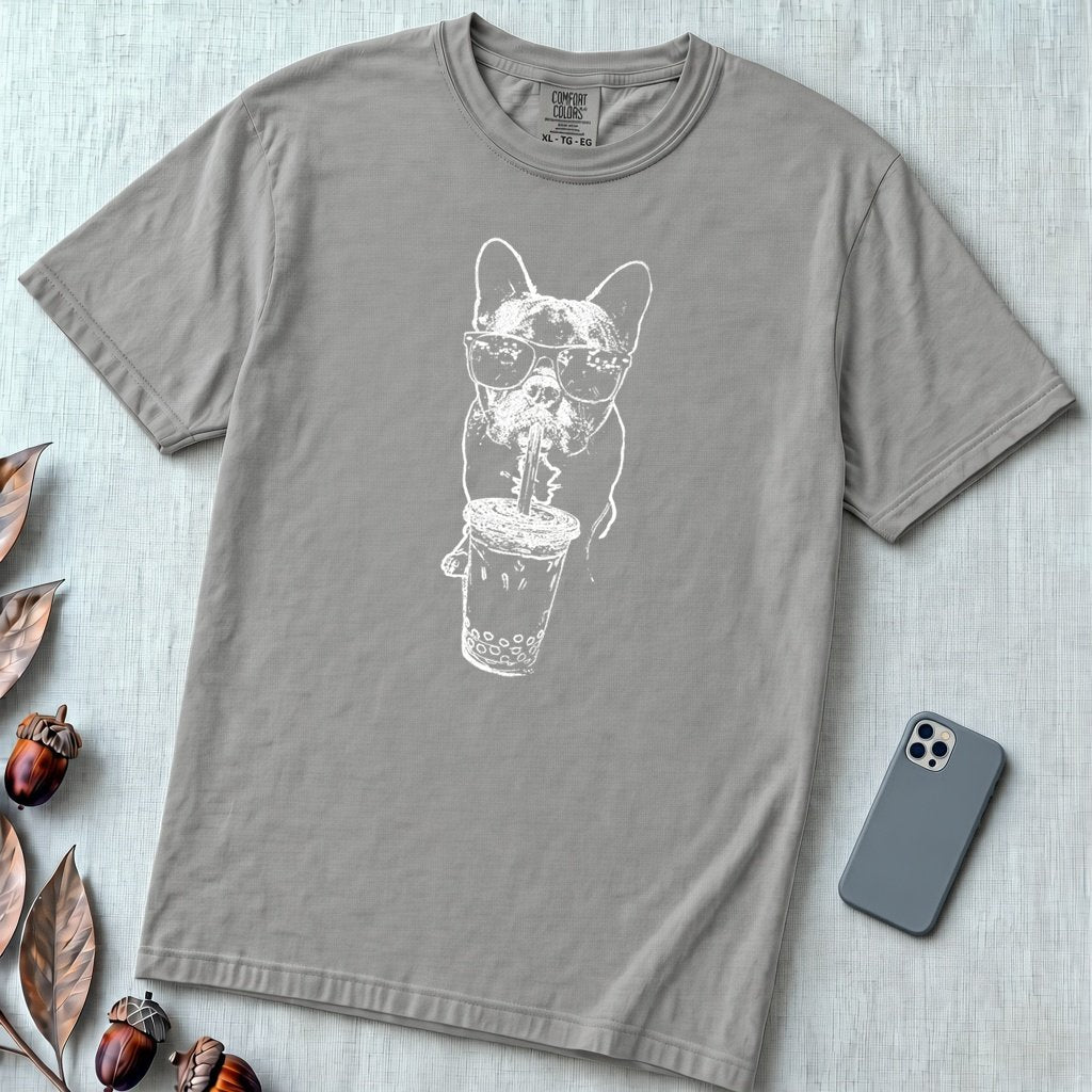 French Bulldog Bubble Tea T-Shirt. Cool Frenchie Graphic Tee - Grey unfolded t-shirt mockup