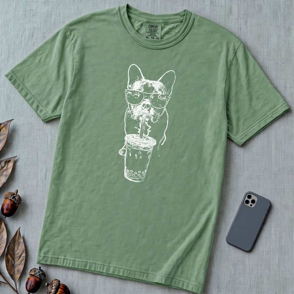 French Bulldog Bubble Tea T-Shirt. Cool Frenchie Graphic Tee - Light Green unfolded t-shirt mockup