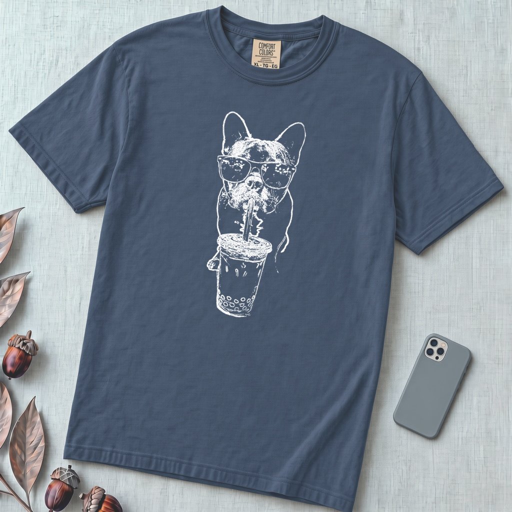 French Bulldog Bubble Tea T-Shirt. Cool Frenchie Graphic Tee - Midnight unfolded t-shirt mockup