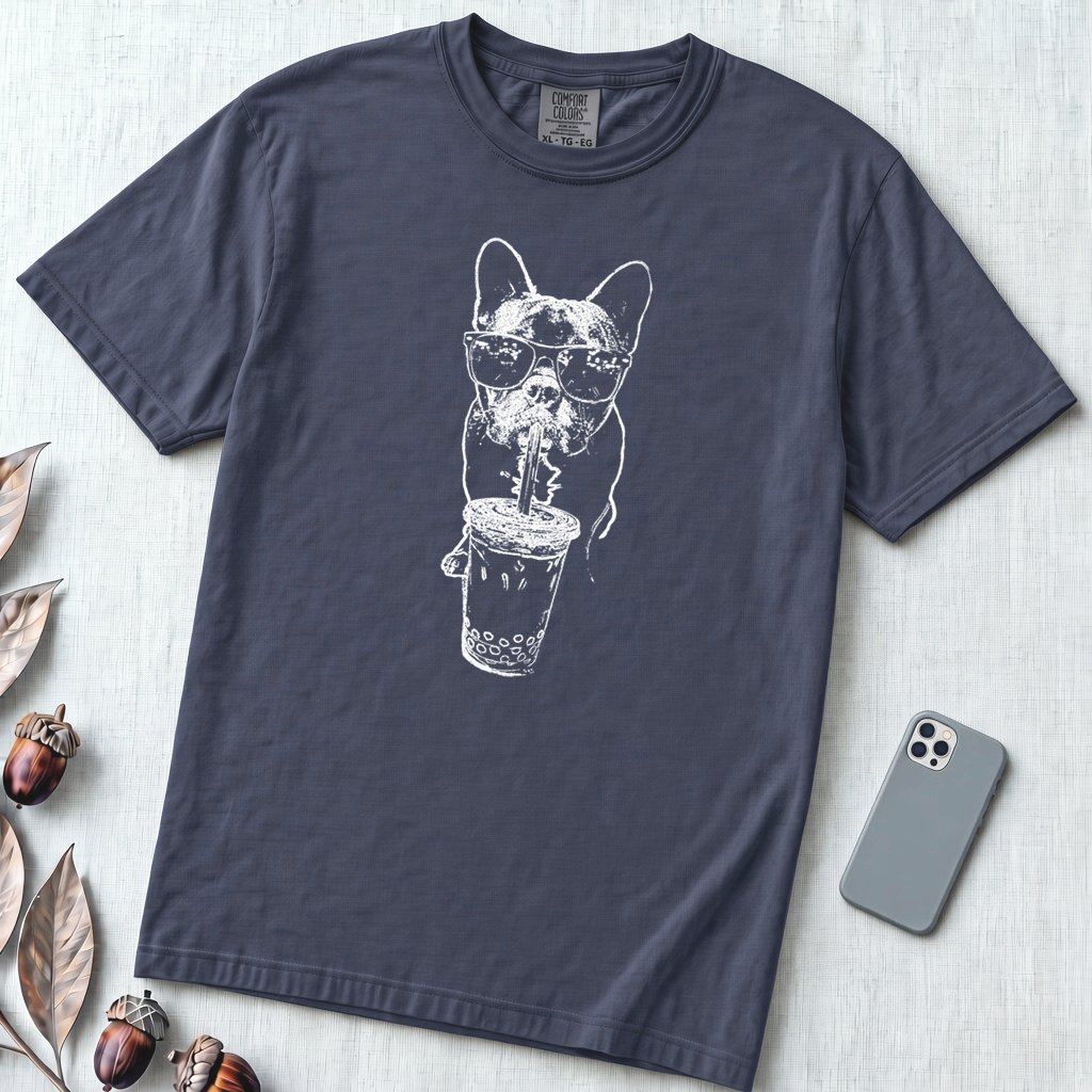 French Bulldog Bubble Tea T-Shirt. Cool Frenchie Graphic Tee - Navy unfolded t-shirt mockup