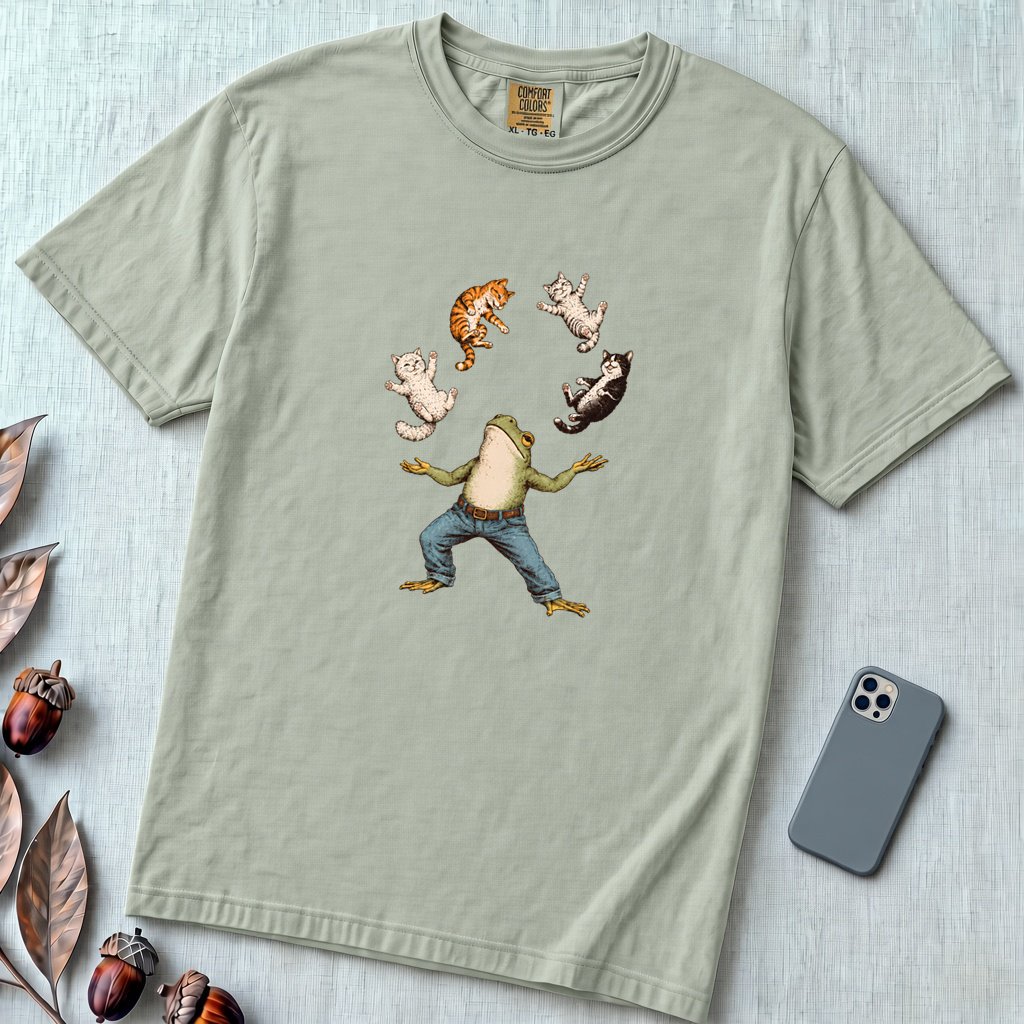 Frog Juggling Cats T-Shirt - Bay unfolded t-shirt mockup