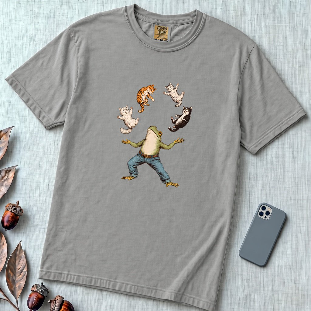 Frog Juggling Cats T-Shirt - Grey unfolded t-shirt mockup