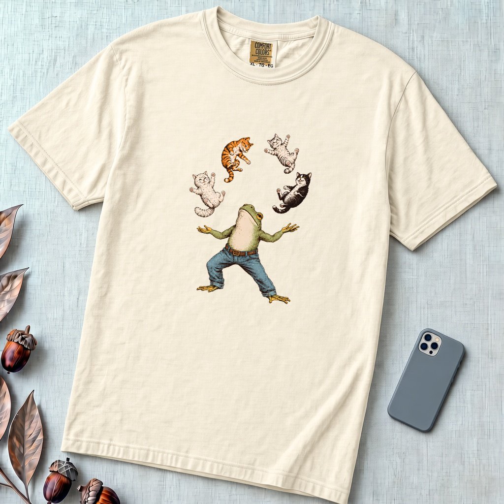Frog Juggling Cats T-Shirt - Ivory unfolded t-shirt mockup