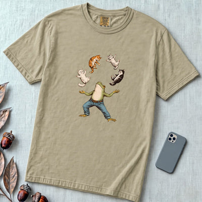 Frog Juggling Cats T-Shirt - Khaki unfolded t-shirt mockup