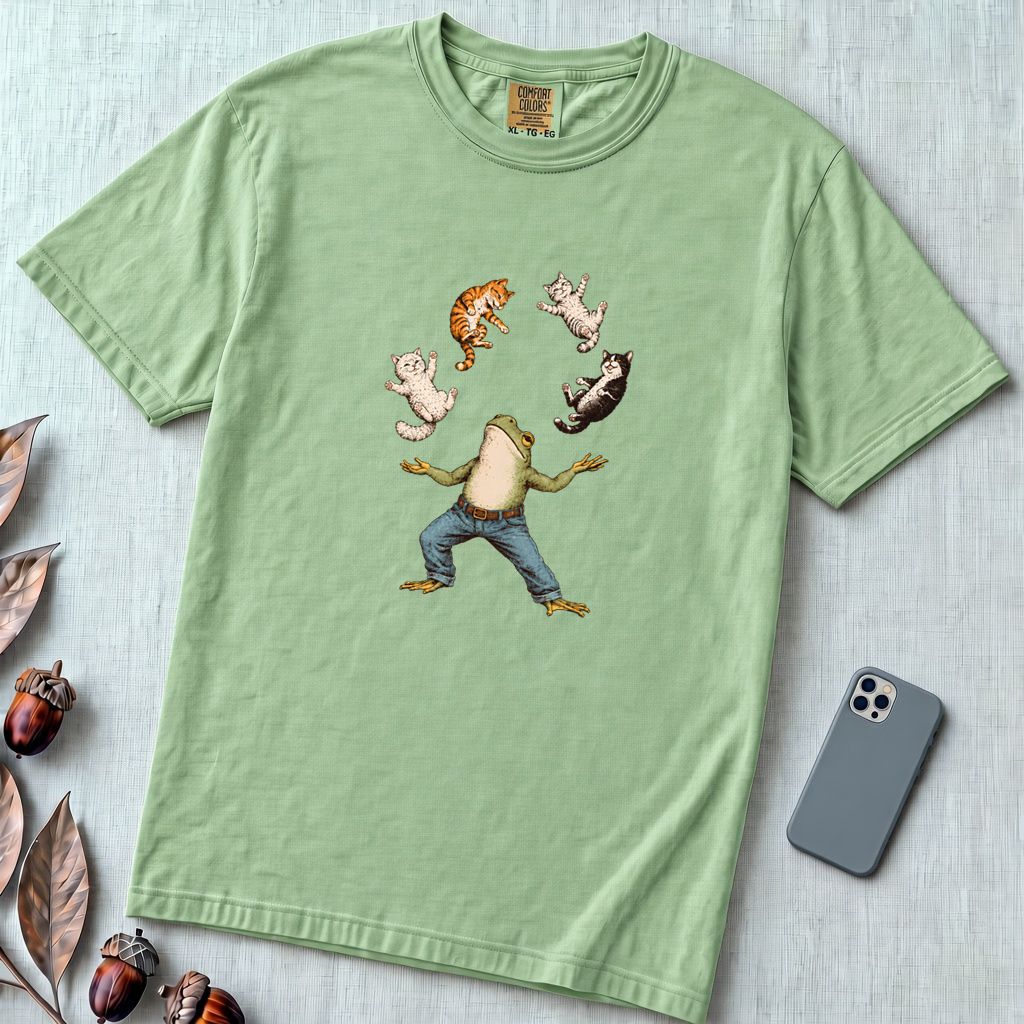 Frog Juggling Cats T-Shirt - Light Green unfolded t-shirt mockup