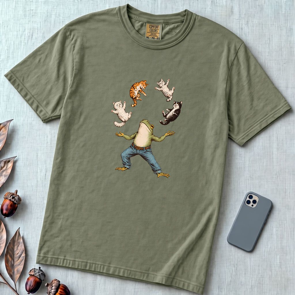 Frog Juggling Cats T-Shirt - Moss unfolded t-shirt mockup