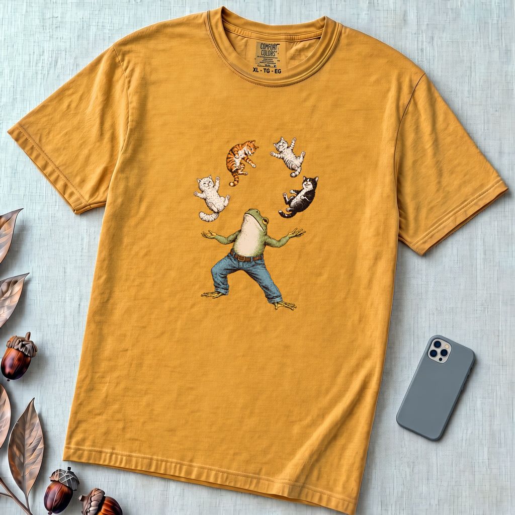 Frog Juggling Cats T-Shirt - Mustard unfolded t-shirt mockup