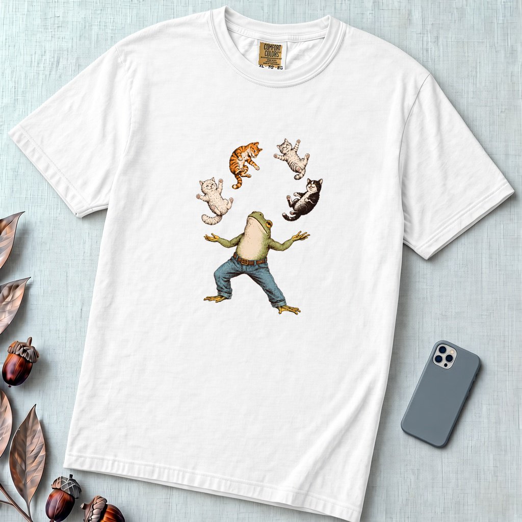 Frog Juggling Cats T-Shirt - White unfolded t-shirt mockup