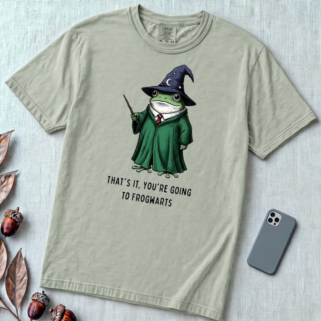 Frogwarts Wizard Frog T-Shirt. Fantasy Humor Tee - Bay unfolded t-shirt mockup