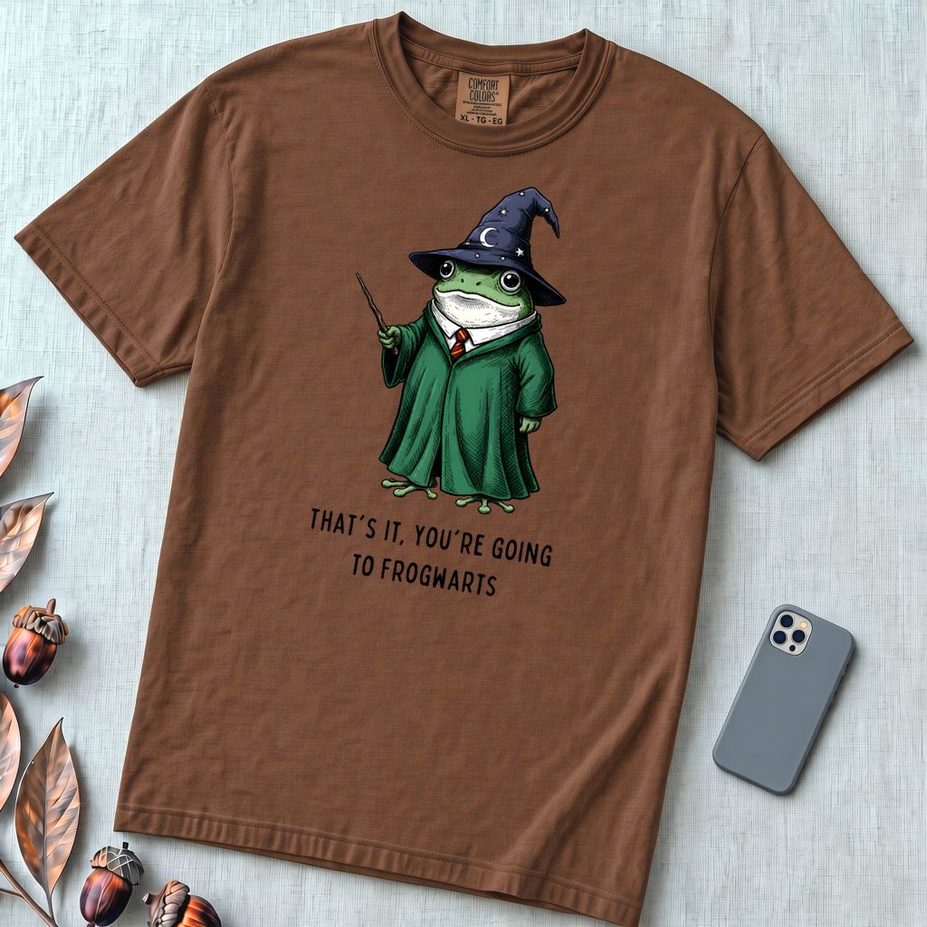 Frogwarts Wizard Frog T-Shirt. Fantasy Humor Tee - Espresso unfolded t-shirt mockup