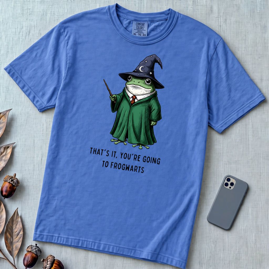 Frogwarts Wizard Frog T-Shirt. Fantasy Humor Tee - Flo Blue unfolded t-shirt mockup