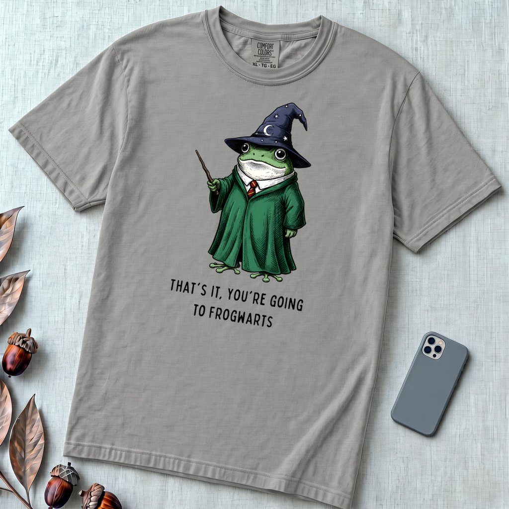 Frogwarts Wizard Frog T-Shirt. Fantasy Humor Tee - Grey unfolded t-shirt mockup